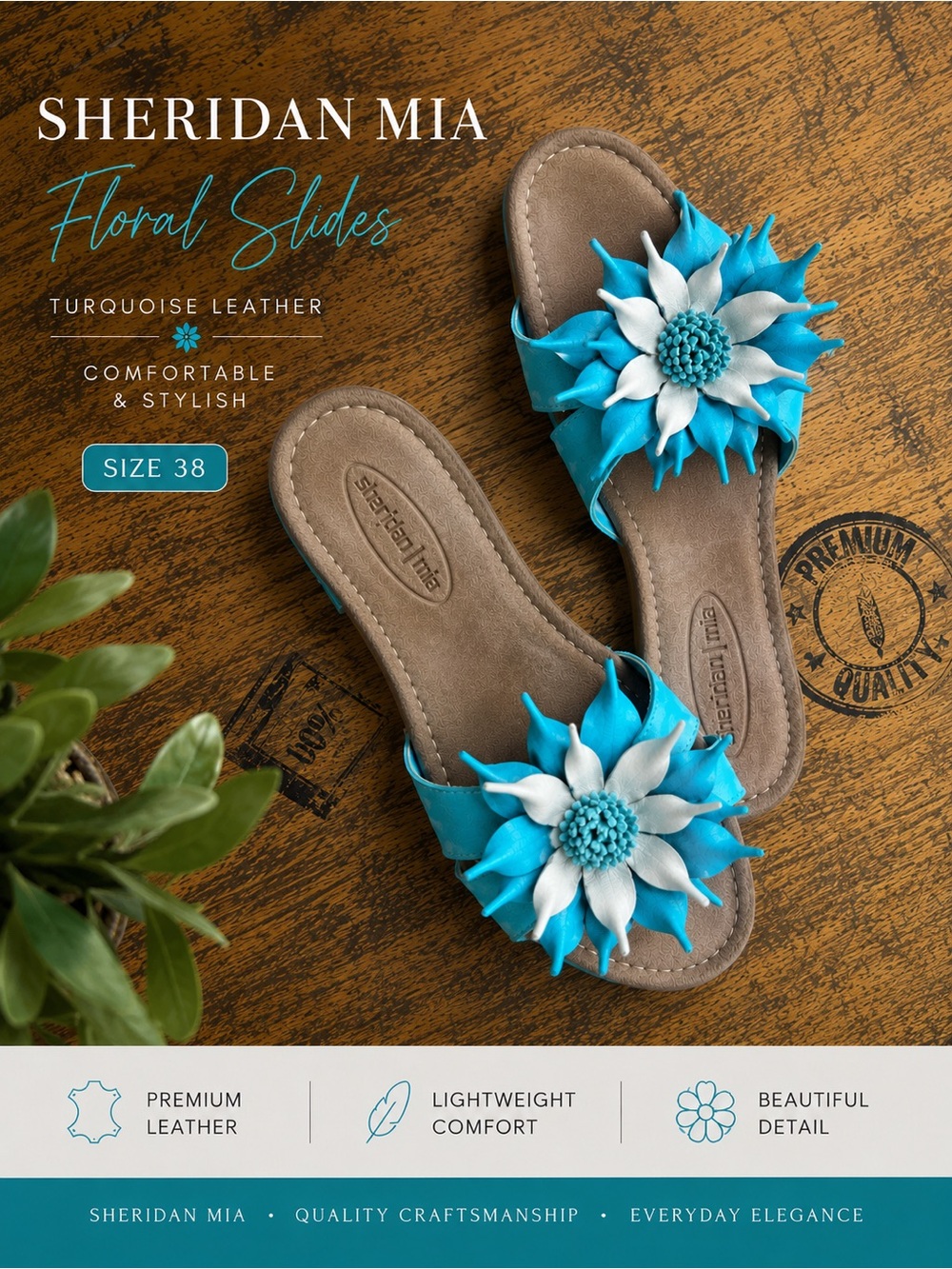 Sheridan Mia Leather Floral Slide Sandals Turquoise Blue Womens EU 38